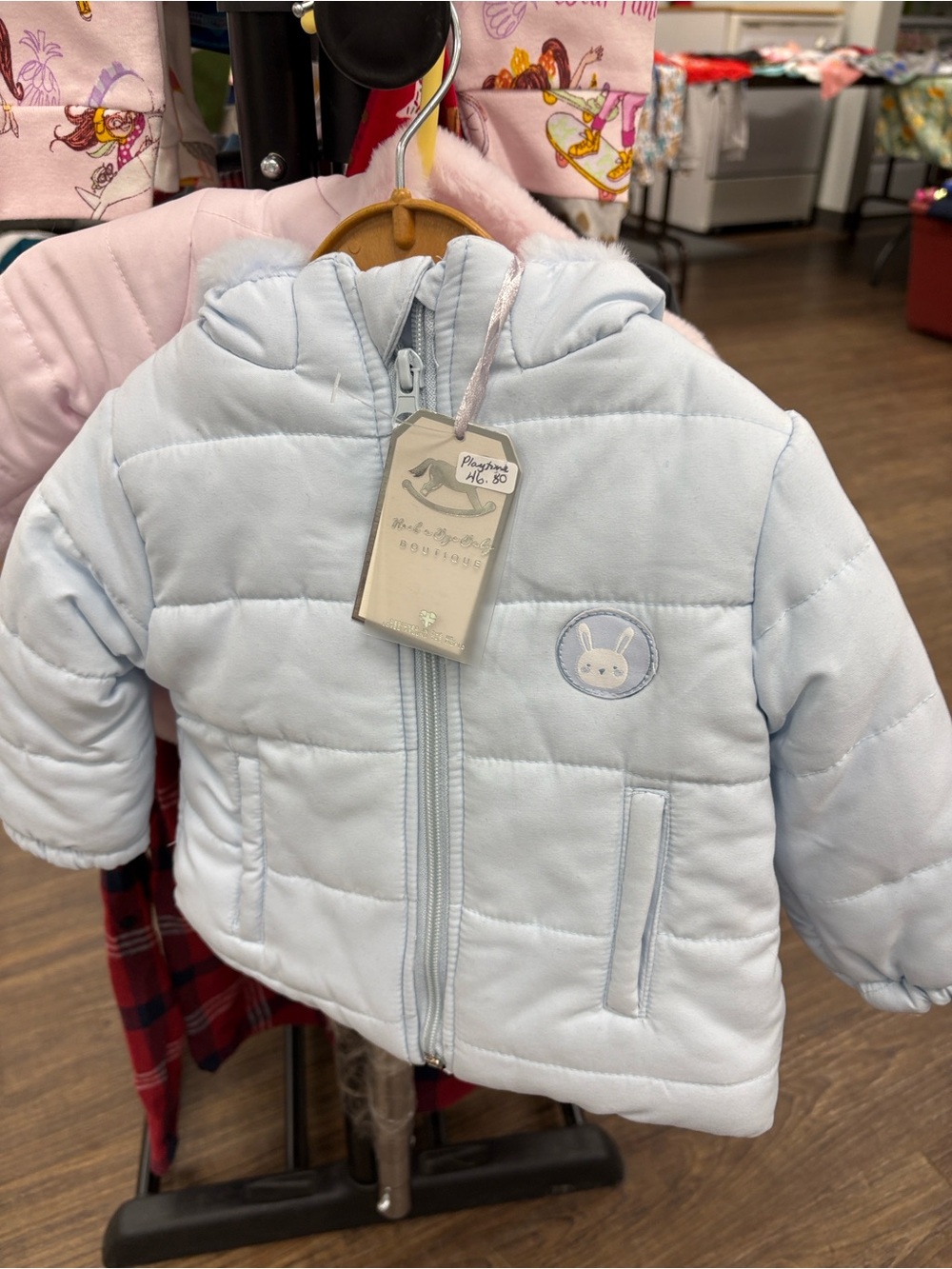 Bonnie Baby Light Blue Quilted Hooded Jacket with Bunny Patch